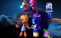 Size: 1536x960 | Tagged: safe, artist:whatthehell!?, applejack, derpy hooves, pinkie pie, rarity, spike, spike the regular dog, trixie, dog, equestria girls, g4, boots, clothes, denim skirt, doll, dress, equestria girls minis, eqventures of the minis, food, glasses, halloween, hat, holiday, irl, jacket, lantern, mask, moon, muffin, night, night sky, photo, ponied up, pumpkin, shoes, skirt, sky, stars, toy
