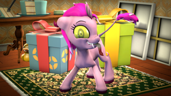 Size: 3840x2160 | Tagged: safe, artist:fiopon, oc, oc:salacious, original species, 3d, birthday, cake, carpet, cute, fangs, fetlock horn, food, glowing eyes, high res, horns, not pinkie pie, source filmmaker, stinger, stinger tongue, tongue out, yellow eyes