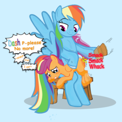 Size: 1080x1080 | Tagged: safe, artist:pinllus, rainbow dash, scootaloo, pegasus, pony, g4, abuse, blushing, crying, female, filly, foal, mare, out of character, over the knee, paddle, rainbow douche, reddened butt, scootabuse, spanking, tears of pain