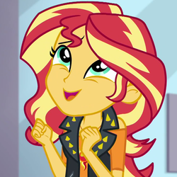 Size: 935x935 | Tagged: safe, screencap, sunset shimmer, a fine line, equestria girls, g4, my little pony equestria girls: better together, clothes, cropped, cute, female, geode of empathy, happy, leather vest, looking up, magical geodes, shimmerbetes, solo