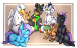 Size: 2048x1268 | Tagged: safe, artist:mamachubs, oc, oc only, oc:azira gardner, oc:brick stonerock, oc:polybius burslem, oc:roxy impelheart, oc:samari coba, oc:wagner schönau, changeling, diamond dog, dragon, earth pony, griffon, pony, sphinx, changeling oc, desktop background, dragoness, female, group, male, purple changeling, sphinx oc, trans female, transgender, wallpaper