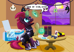 Size: 7016x4961 | Tagged: safe, artist:bbqninja501st, tempest shadow, oc, pony, g4, absurd resolution, clothes, contact lens, cosplay, costume, female, fridge horror, hacksaw, halloween, holiday, jack skellington, mare, open up your eyes, smiling, solo, template, the nightmare before christmas, this will end in pain