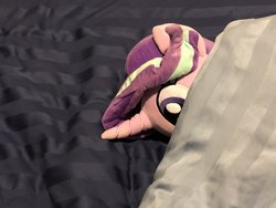 Size: 2048x1536 | Tagged: safe, artist:nekokevin, starlight glimmer, pony, unicorn, series:nekokevin's glimmy, g4, bed, bedsheets, female, irl, lying down, mare, peeking, photo, plushie, solo, soon