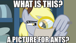 Size: 1024x576 | Tagged: safe, edit, edited screencap, editor:anonycat, screencap, derpy hooves, pony, g4, my little pony best gift ever, caption, female, image macro, magnifying glass, meme, picture for breezies (reaction image), reaction image, solo, text, wing hands