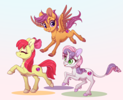Size: 1280x1042 | Tagged: safe, artist:silkensaddle, apple bloom, scootaloo, sweetie belle, classical unicorn, earth pony, pegasus, pony, unicorn, g4, bow, chest fluff, colored hooves, cutie mark crusaders, ear fluff, eyes closed, female, filly, flying, hair bow, horn, leonine tail, looking down, pink background, scootaloo can fly, simple background, trio, trio female, unshorn fetlocks
