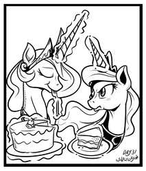 Size: 3070x3602 | Tagged: safe, artist:poecillia-gracilis19, princess celestia, princess luna, alicorn, pony, g4, angry, cake, cakelestia, duo, eating, eyes closed, female, food, fork, frown, high res, hilarious in hindsight, inktober, inktober 2018, mare, monochrome, royal sisters, smiling, sternocleidomastoid, unamused
