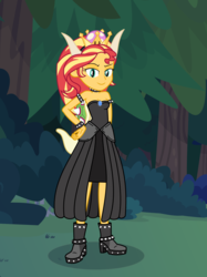 Size: 1417x1890 | Tagged: safe, artist:phucknuckl, sunset shimmer, equestria girls, g4, armband, bedroom eyes, boots, bowser, bowsette, breasts, bush, cleavage, clothes, collar, cosplay, costume, crossover, crown, dress, female, forest, grass, halloween, halloween 2018, halloween costume, hand on hip, headband, holiday, horn, jewelry, leather boots, looking at you, necklace, night, nightmare night, nightmare night 2018, nightmare night costume, nintendo, raised eyebrow, regalia, shadow, shoes, skirt, smiling, smug, solo, standing, super crown, super mario bros., super mario odyssey, toadette, tree, wall of tags, wristband