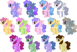 Size: 5200x3540 | Tagged: safe, artist:silvervectors, berry frost, blueberry punch, candy floss (g4), dizzy twister, dust devil, elphaba trot, juicy fruit, orange swirl, q. t. prism, rainbowshine, slipstream, sugar twist, wing wishes, earth pony, pegasus, pony, g4, .ai available, absurd resolution, background pony, blank flank, female, forest spirit (character), mare, palette swap, raised hoof, recolor, simple background, spread wings, standing, transparent background, vector, wings