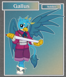 Size: 1688x1950 | Tagged: safe, artist:brownie-bytes, gallus, griffon, anthro, unguligrade anthro, g4, clothes, crossover, final fantasy, male, school uniform, solo, sword, weapon