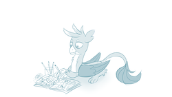 Size: 1152x648 | Tagged: safe, artist:sintakhra, gallus, griffon, tumblr:studentsix, g4, book, claw hold, cup, drawing, eraser, looking down, lying down, male, pencils, smiling, solo, tumblr