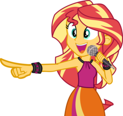 Size: 2083x1976 | Tagged: safe, artist:phucknuckl, sunset shimmer, equestria girls, g4, bracelet, clothes, female, jewelry, microphone, necktie top, open mouth, pointing, rainbow rocks outfit, simple background, skirt, sleeveless, solo, transparent background, vector