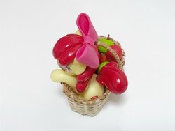 Size: 1024x768 | Tagged: artist needed, safe, apple bloom, g4, apple, basket, bow, cutie mark, figurine, food, irl, photo, picnic basket