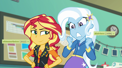 Size: 1276x714 | Tagged: safe, edit, edited screencap, screencap, sunset shimmer, trixie, derpibooru, equestria girls, equestria girls specials, g4, my little pony equestria girls: better together, my little pony equestria girls: forgotten friendship, inverted mouth, jealous, meta, tags