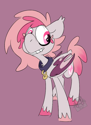 Size: 496x676 | Tagged: safe, artist:lilsunshinesam, oc, oc only, oc:candy quartz, bat pony, pony, bat pony oc, chest fluff, collar, cute, fangs, female, piercing, shaved mane, simple background, smiling, solo, two toned mane, two toned wings, unshorn fetlocks, wing piercing, wings