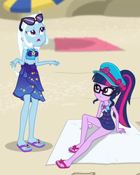 Size: 483x605 | Tagged: safe, screencap, sci-twi, trixie, twilight sparkle, equestria girls, equestria girls specials, g4, my little pony equestria girls: better together, my little pony equestria girls: forgotten friendship, beach, beach blanket, clothes, cropped, duo, feet, female, flip-flops, glasses, hat, ponytail, sandals, sarong, schrödinger's pantsu, swimsuit