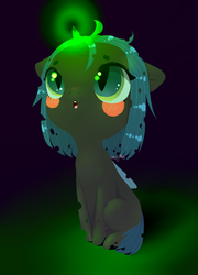 Size: 1080x1500 | Tagged: source needed, safe, artist:labglab, queen chrysalis, changeling, pony, rcf community, g4, big eyes, blushing, chibi, child, cute, cutealis, dark background, female, green eyes, magic, solo, wings