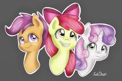 Size: 862x575 | Tagged: safe, artist:just_dawn, apple bloom, scootaloo, sweetie belle, earth pony, pegasus, pony, unicorn, g4, bust, cutie mark crusaders, female, filly, smiling