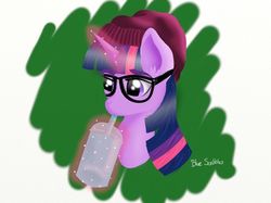 Size: 766x574 | Tagged: safe, artist:just_dawn, twilight sparkle, pony, g4, beanie, cup, drinking, drinking straw, female, glasses, hat, hipster, magic, solo, telekinesis