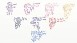 Size: 1024x575 | Tagged: safe, artist:just_dawn, applejack, fluttershy, pinkie pie, rainbow dash, rarity, starlight glimmer, twilight sparkle, oc, earth pony, pegasus, pony, unicorn, g4, bust, dialogue, female, mane six, mare, monochrome, one eye closed, open mouth, smiling, wink