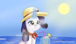 Size: 1024x595 | Tagged: safe, artist:just_dawn, rarity, pony, unicorn, g4, beach, cup, drinking straw, eyeshadow, female, food, hat, lemon, magic, makeup, sky, solo, summer, sun, telekinesis