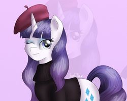Size: 800x641 | Tagged: safe, artist:just_dawn, rarity, pony, unicorn, g4, sweet and elite, beatnik rarity, beret, clothes, eyeshadow, female, hat, makeup, mare, one eye closed, solo, sweater, wink, zoom layer