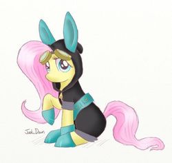 Size: 523x495 | Tagged: safe, artist:just_dawn, fluttershy, pegasus, pony, g4, bunny ears, clothes, costume, dangerous mission outfit, female, goggles, hoodie, mare, raised hoof, simple background, sitting, sneaking suit, solo, three quarter view, white background