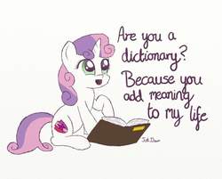 Size: 943x760 | Tagged: safe, artist:just_dawn, sweetie belle, pony, unicorn, g4, book, dialogue, dictionary belle, female, filly, open mouth, pick up line, sitting, smiling, solo
