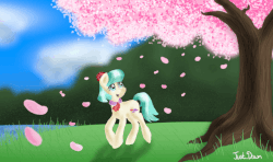 Size: 640x378 | Tagged: safe, artist:just_dawn, coco pommel, earth pony, pony, g4, cherry blossoms, female, flower, flower blossom, gif, grass, non-animated gif, open mouth, solo, tree