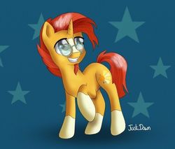 Size: 737x627 | Tagged: safe, artist:just_dawn, sunburst, pony, unicorn, g4, coat markings, glasses, grin, male, smiling, socks (coat markings), solo, stallion