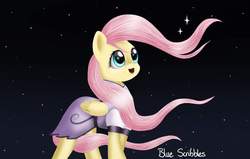 Size: 918x583 | Tagged: safe, artist:just_dawn, fluttershy, pegasus, pony, g4, clothes, dress, female, folded wings, looking away, looking up, mare, night, open mouth, smiling, solo, standing, starry night, windswept mane, wings