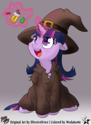 Size: 4000x5500 | Tagged: safe, artist:dfectivedvice, artist:wodahseht, twilight sparkle, pony, unicorn, g4, candy, cute, female, filly, filly twilight sparkle, food, gradient background, hat, sitting, solo, twiabetes, witch, witch hat, younger