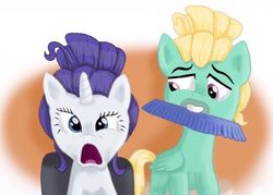 Size: 801x574 | Tagged: safe, artist:just_dawn, rarity, zephyr breeze, pegasus, pony, unicorn, g4, alternate hairstyle, comb, duo, female, male, mare, mouth hold, open mouth, shocked, stallion