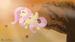 Size: 1024x575 | Tagged: safe, artist:just_dawn, angel bunny, fluttershy, pegasus, pony, g4, duo, female, flying, leaves, looking up, mare, smiling, spread wings, tree, wings