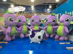 Size: 720x540 | Tagged: safe, photographer:charleschiamchuangchao, rarity, spike, g4, female, irl, malaysia, male, multeity, photo, piper perri surrounded, plushie, ship:sparity, shipping, straight, toys r us