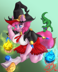 Size: 2400x3000 | Tagged: safe, artist:swiftriff, gummy, pinkie pie, alligator, earth pony, anthro, g4, breasts, broom, busty pinkie pie, clothes, cupcake, dessert, female, flying, flying broomstick, food, halloween, hat, high res, holiday, open mouth, pleated skirt, skirt, solo, witch, witch hat