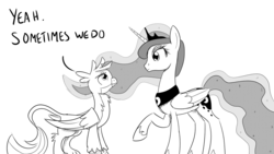 Size: 1280x720 | Tagged: safe, artist:sintakhra, gallus, princess luna, griffon, tumblr:studentsix, g4, ask, lineart, looking at each other, monochrome, raised hoof, simple background, speech bubble, tumblr, white background