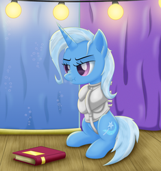 Size: 1968x2090 | Tagged: safe, artist:lifesharbinger, trixie, pony, unicorn, g4, angry, bondage, book, escape act, female, scrunchy face, sitting, solo, stage, straitjacket, water tank