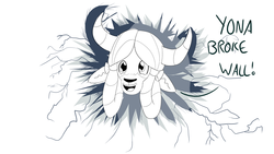 Size: 1280x720 | Tagged: safe, artist:sintakhra, yona, yak, tumblr:studentsix, g4, ask, bow, breaking the fourth wall, broken wall, bust, cracks, crooked horns, female, fourth wall, hole, lineart, monkey swings, monochrome, proud, smiling, solo, tumblr