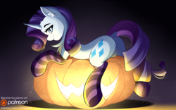 Size: 3888x2423 | Tagged: safe, artist:airiniblock, part of a set, rarity, pony, unicorn, rcf community, g4, butt, clothes, dock, featureless crotch, female, halloween, high res, holiday, horn, jack-o-lantern, mare, patreon, patreon logo, plot, pumpkin, rearity, socks, solo, striped socks, tail