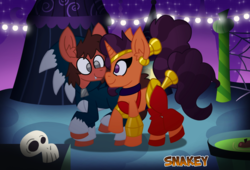 Size: 1130x768 | Tagged: safe, artist:snakeythingy, saffron masala, oc, oc:sketchy dupe, genie, pony, unicorn, g4, clothes, cosplay, costume, crossover, halloween, holiday, looking at each other, nightmare night, nightmare night costume, shantae, shantae (character), sketchffron, skull, sonic the hedgehog, sonic the hedgehog (series), sonic the werehog, story included