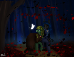 Size: 1700x1300 | Tagged: safe, artist:amywhooves, oc, oc only, bat, earth pony, pony, unicorn, female, forest, halloween, holiday, horn, long horn, male, scenery, walking