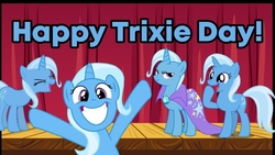 Size: 1732x980 | Tagged: safe, trixie, pony, unicorn, g4, best pony, cape, clothes, cute, diatrixes, excited, female, flutteryay, happy, incoming hug, mare, smiling, smug, stage, trixie army, trixie day, trixie's cape, yay