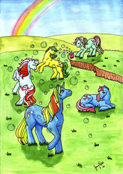 Size: 550x775 | Tagged: safe, artist:lazyjenny, bow tie (g1), bright eyes (twinkle eyed pony), cascade, fizzy, ribbon (g1), g1, bubble, rainbow, traditional art