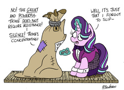Size: 5865x4247 | Tagged: safe, artist:bobthedalek, starlight glimmer, trixie, pony, unicorn, absurd resolution, assistant, assistant's outfit, bowtie, chains, clothes, duo, escape act, female, fishnets, high heels, jacket, key, magic, magic show, magic trick, mare, padlock, sack, shoes, simple background, telekinesis, this will not end well, white background