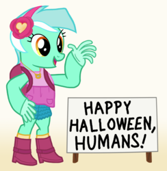 Size: 1403x1436 | Tagged: safe, lyra heartstrings, pony, g4, bipedal, clothes, costume, equestria girls outfit, female, gloves, gradient background, halloween, halloween costume, holiday, human costume, humie, rubber gloves, solo, what has science done