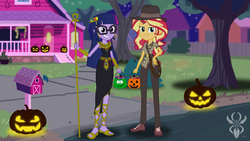 Size: 6830x3840 | Tagged: safe, artist:legendaryspider, sci-twi, sunset shimmer, twilight sparkle, equestria girls, equestria girls series, g4, absurd resolution, adorkable, ankh, applejack's house, bag, belt, bucket, candy, candy bar, cleopatra, clothes, costume, cute, dork, dress, driveway, egyptian, fence, food, gem, glasses, glowing, grass, grin, halloween, halloween costume, holiday, house, indiana jones, jack-o-lantern, jewelry, lights, lollipop, looking at you, mailbox, night, pants, pocket, porch, pumpkin, shoes, show accurate, sidewalk, smiling, staff, stars, street, treats, tree, trick or treat, wall of tags, watermark, whip, window