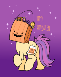 Size: 800x1000 | Tagged: safe, artist:paperbagpony, oc, oc:paper bag, candy, clothes, costume, fake cutie mark, food, halloween, halloween costume, hidden face, holiday, paper bag