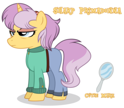 Size: 5009x4397 | Tagged: safe, artist:binkyt11, oc, oc only, oc:primadonna, pony, unicorn, absurd resolution, belt, clothes, cutie mark, eyeshadow, female, headband, inkscape, jacket, jeans, makeup, mare, mirror, mother, pants, show accurate, simple background, solo, transparent background, vector