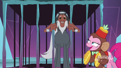 Size: 1920x1080 | Tagged: safe, screencap, lord tirek, pinkie pie, centaur, earth pony, pony, g4, school raze, cage, cymbal monkey, cymbals, duo, female, male, mare, monkey costume, musical instrument, nose piercing, nose ring, piercing, septum piercing, tartarus