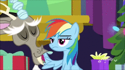 Size: 1280x720 | Tagged: safe, screencap, discord, rainbow dash, g4, my little pony best gift ever, animated, annoyed, discovery family logo, duo, eating, food, present, pudding, puddinghead's pudding, puffy cheeks, sound, spoon, webm, wing hands